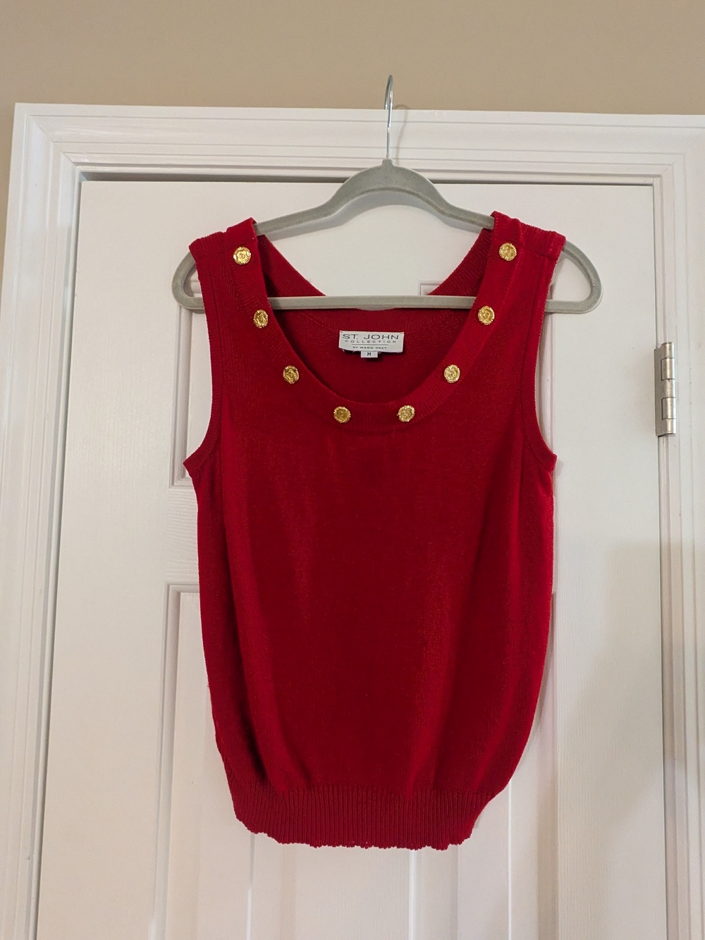 St. John Red Sleeveless Knit Top with Gold Buttons